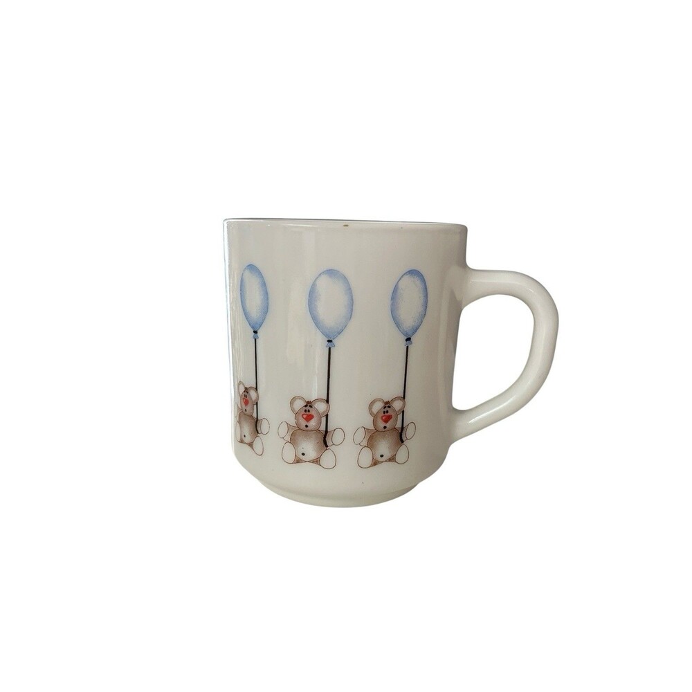 Arcopal France White Milk Glass Mug w/ Teddy Bears & Balloons